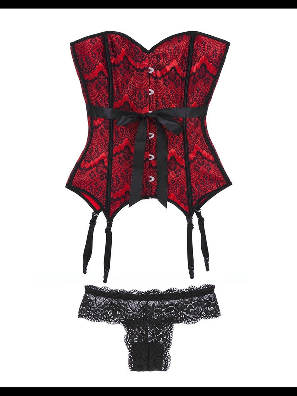 Adore Me Scarlett XS Red & Black Lace Corset Bustier Garter Straps Thong BNWT